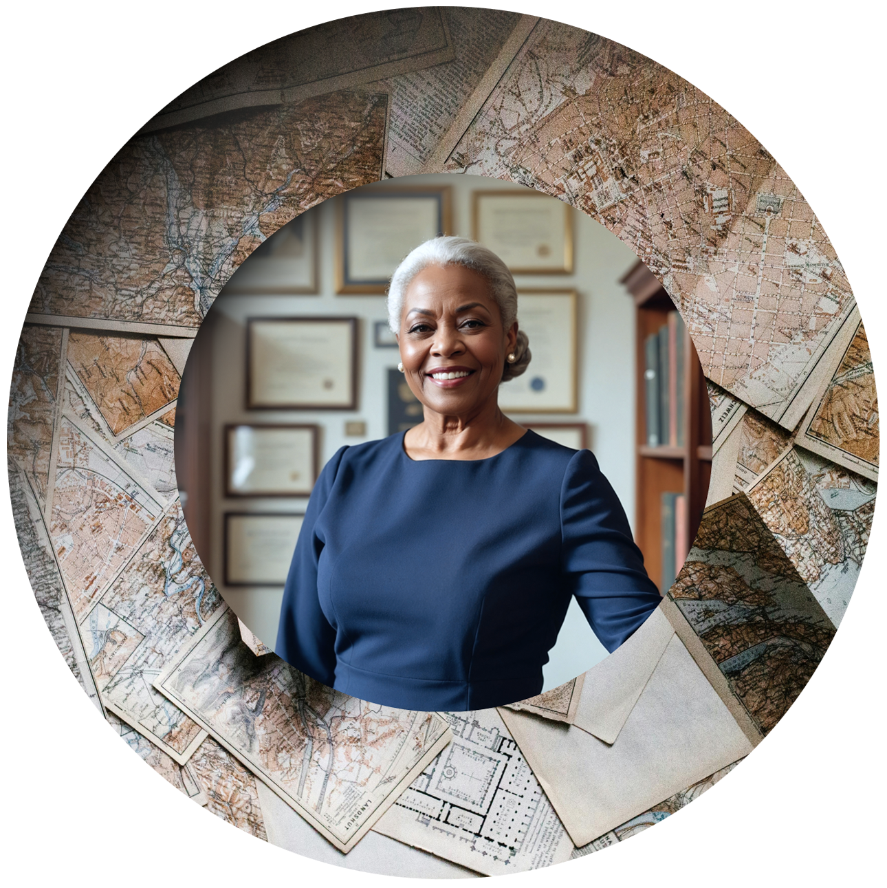A smiling woman with short gray hair in a navy dress stands before framed certificates, seen through a ring of vintage maps.
