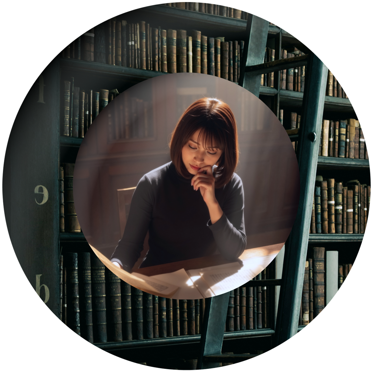 A thoughtful woman sits at a desk reading and writing, framed by bookshelves and a library ladder in soft, natural light.