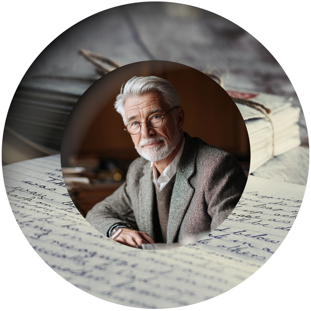 An older man with gray hair, glasses, and a beard sits at a desk with handwritten letters, framed in a circular design.