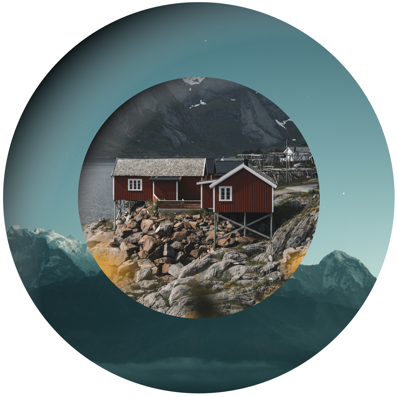 A circular collage shows two red wooden cabins on rocky ground before mountains, all beneath a teal sky within layered circles.