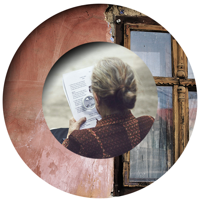 A thoughtful young woman with natural hair is framed by a circle showing a snowy, tree-lined winter road in the background.
